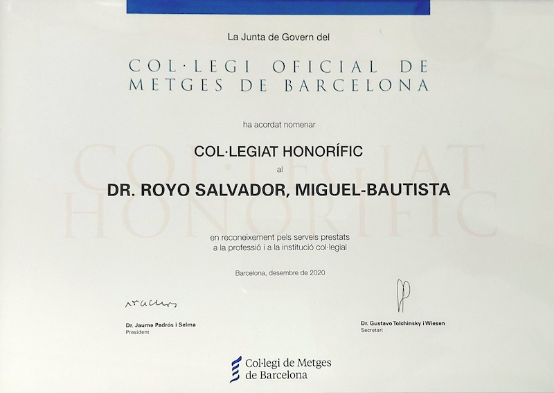 Nomenament del Dr. Royo Salvador com a col·legiat d’honor del C.O.M.B